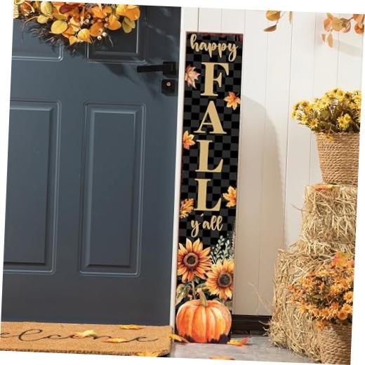 Happy Fall Y'all Porch Sign Checkered with Sunflower Pumpkin Design Front Black