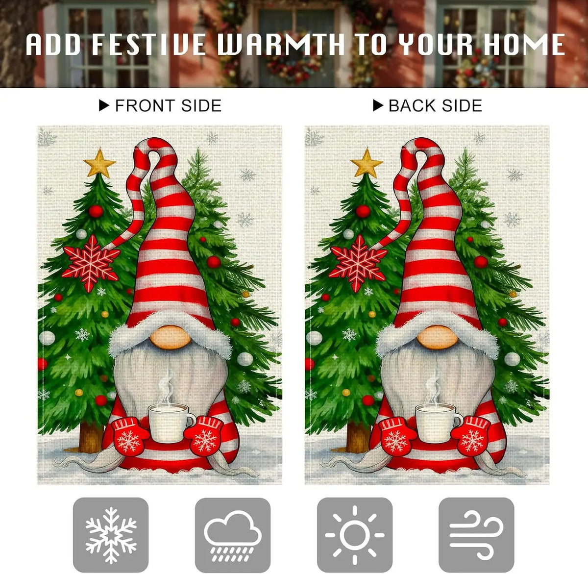 Merry Christmas Garden Flag Double Sided 12x18 Inch Burlap Winter Garden Flag Gnome With Striped Hat Trees Snowflakes