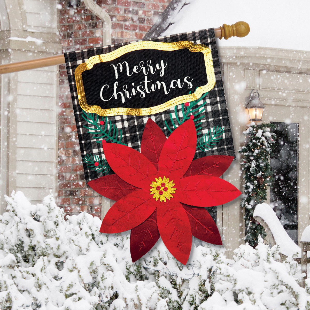Merry Christmas Poinsettia Burlap House Flag 28x40