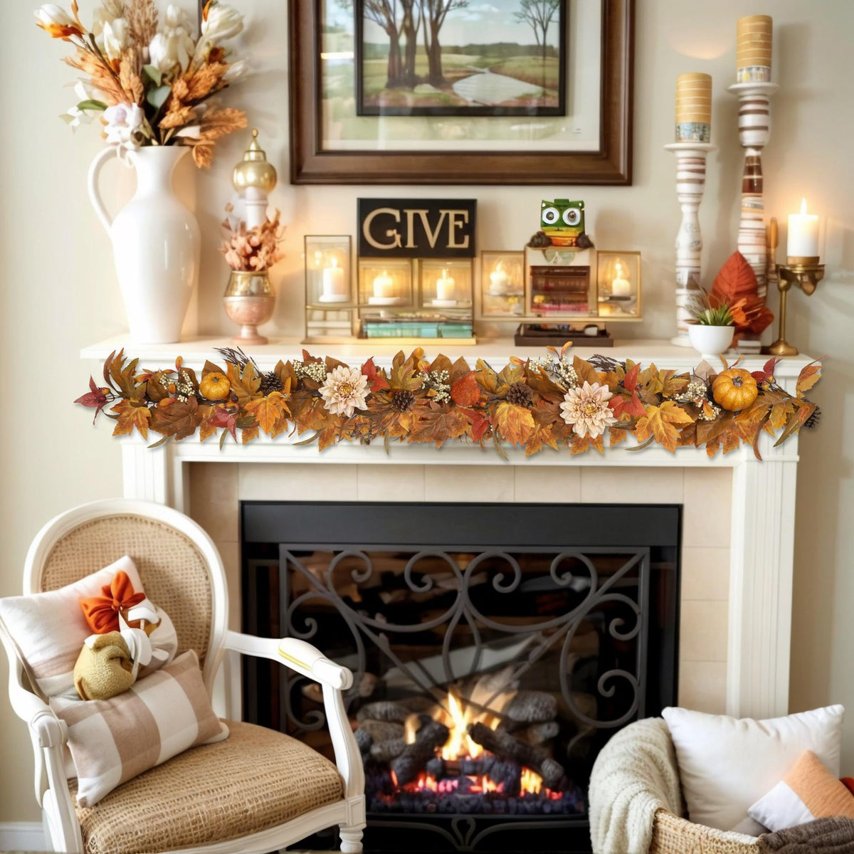 Autumn Maple Leaves Pumpkin Garland with Berries Pine