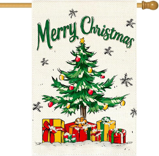 Merry Christmas Tree House Flag 28x40 Inch Double Sided