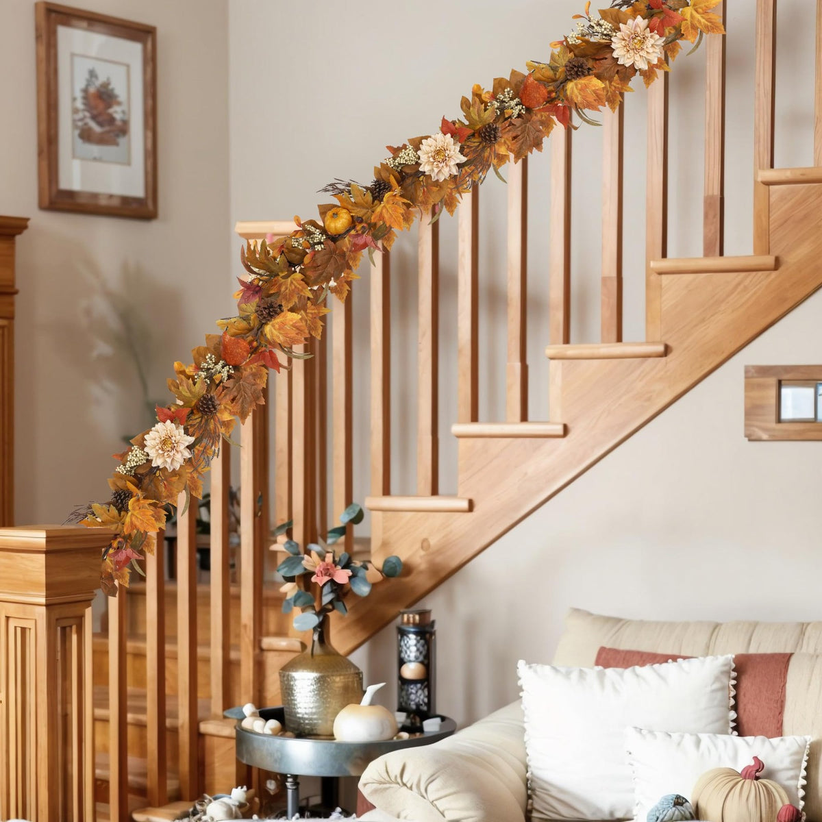 Autumn Maple Leaves Pumpkin Garland with Berries Pine