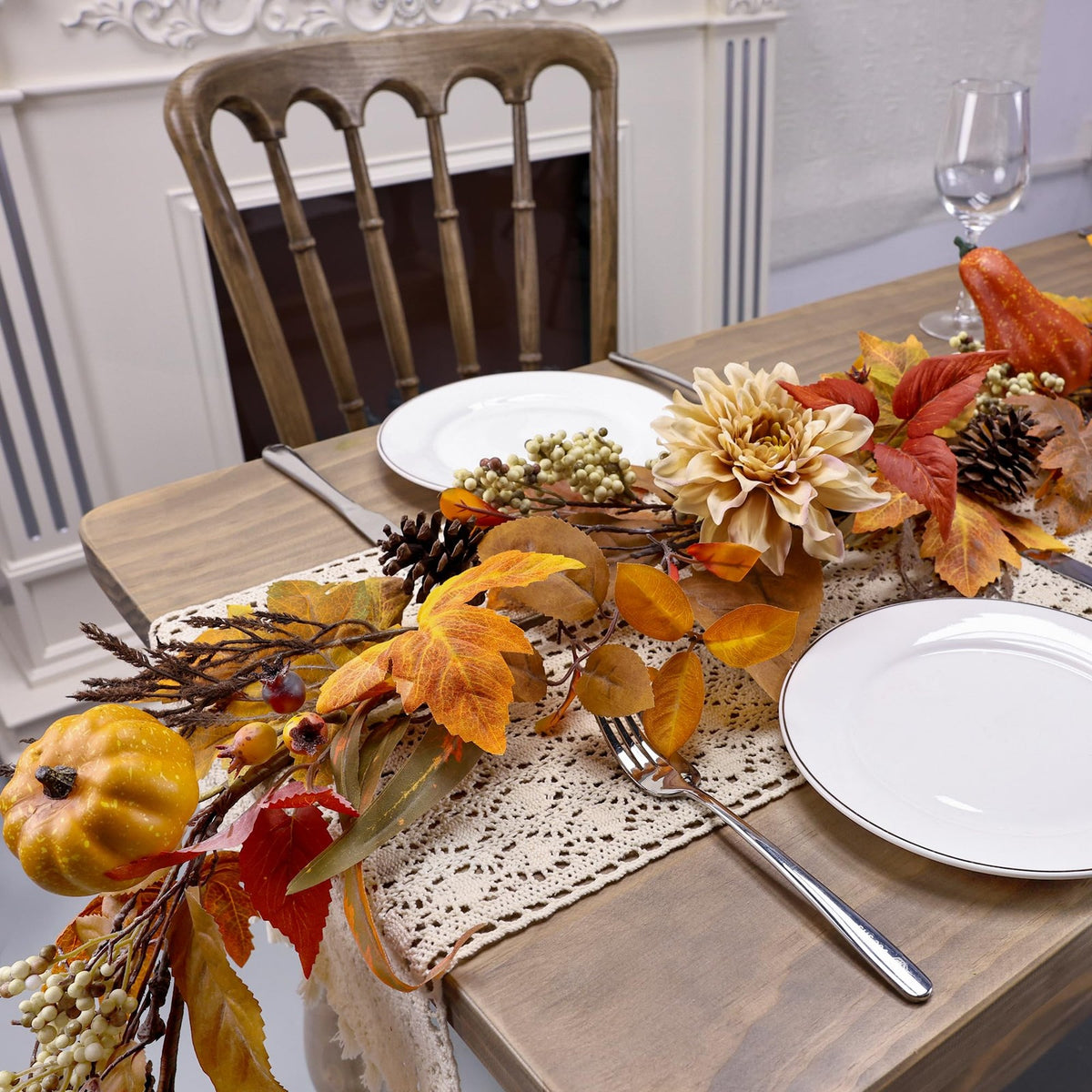 Autumn Maple Leaves Pumpkin Garland with Berries Pine