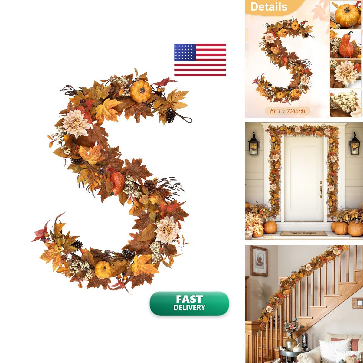 Autumn Maple Leaves Pumpkin Garland with Berries Pine