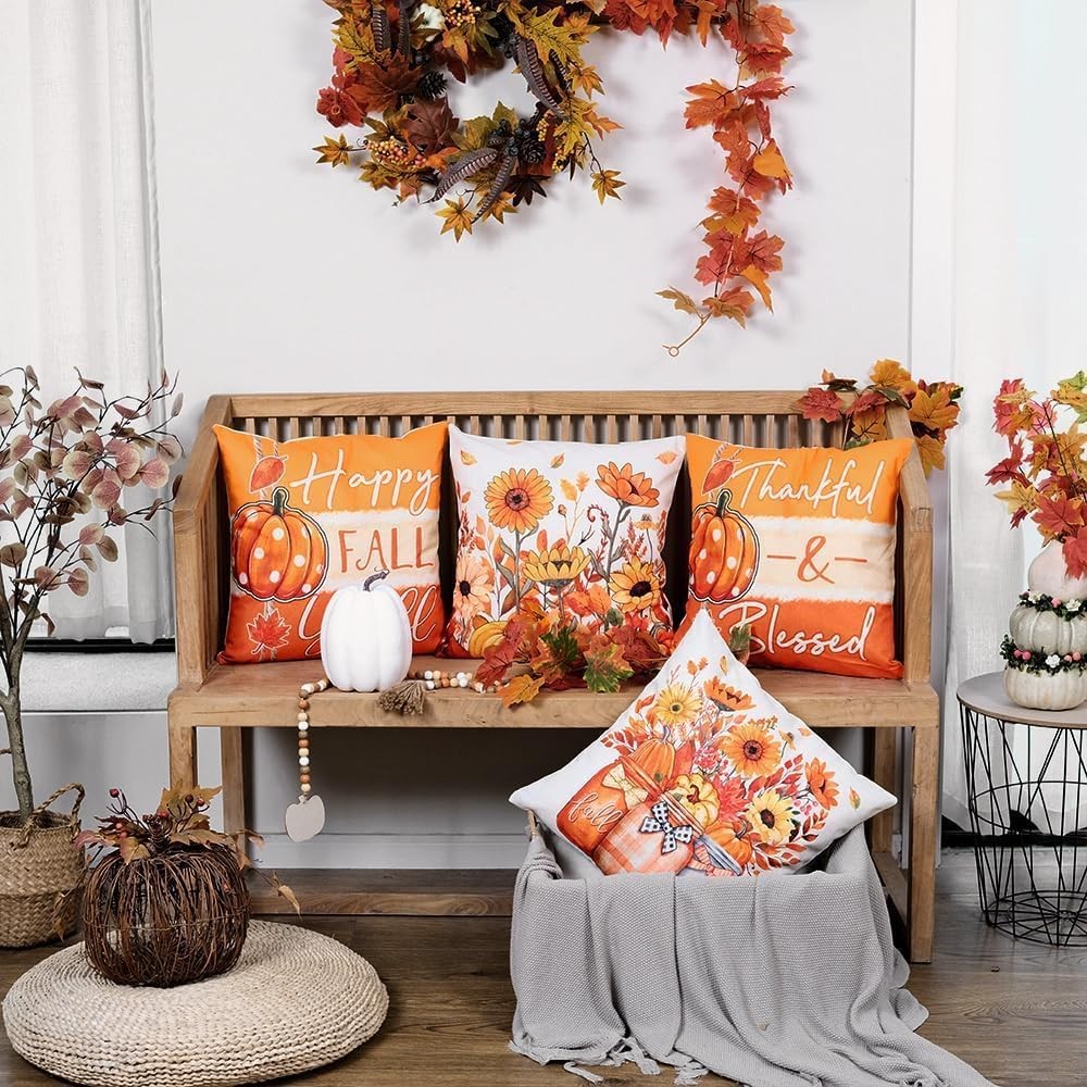 Fall Sunflower Pumpkin Thanksgiving Pillow Covers 18x18 Set of 4