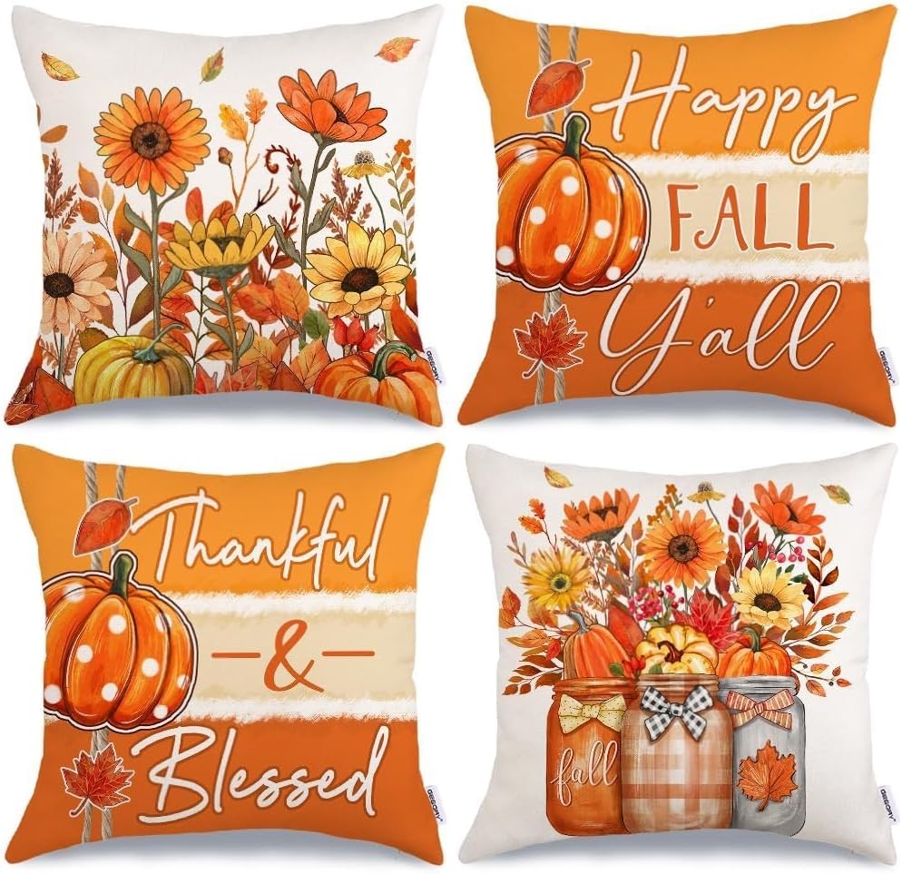 Fall Sunflower Pumpkin Thanksgiving Pillow Covers 18x18 Set of 4