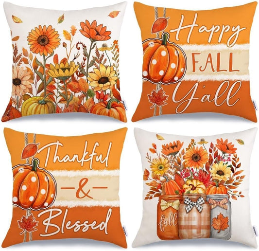 Fall Sunflower Pumpkin Thanksgiving Pillow Covers 18x18 Set of 4