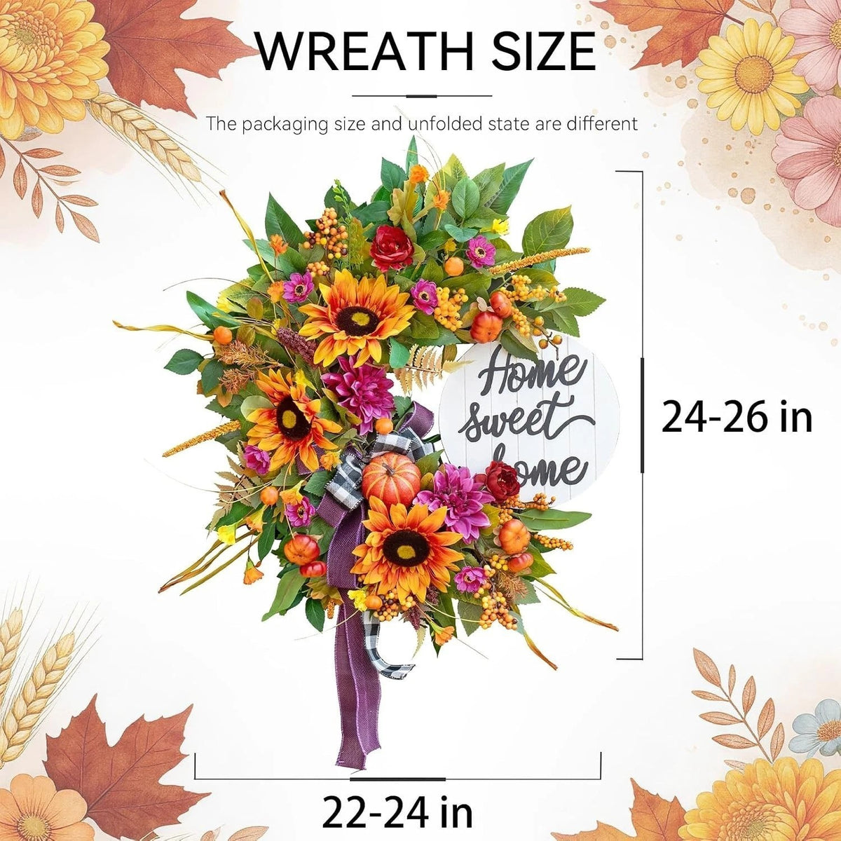 24 Inch Fall-Autumn Wreath with Sunflowers