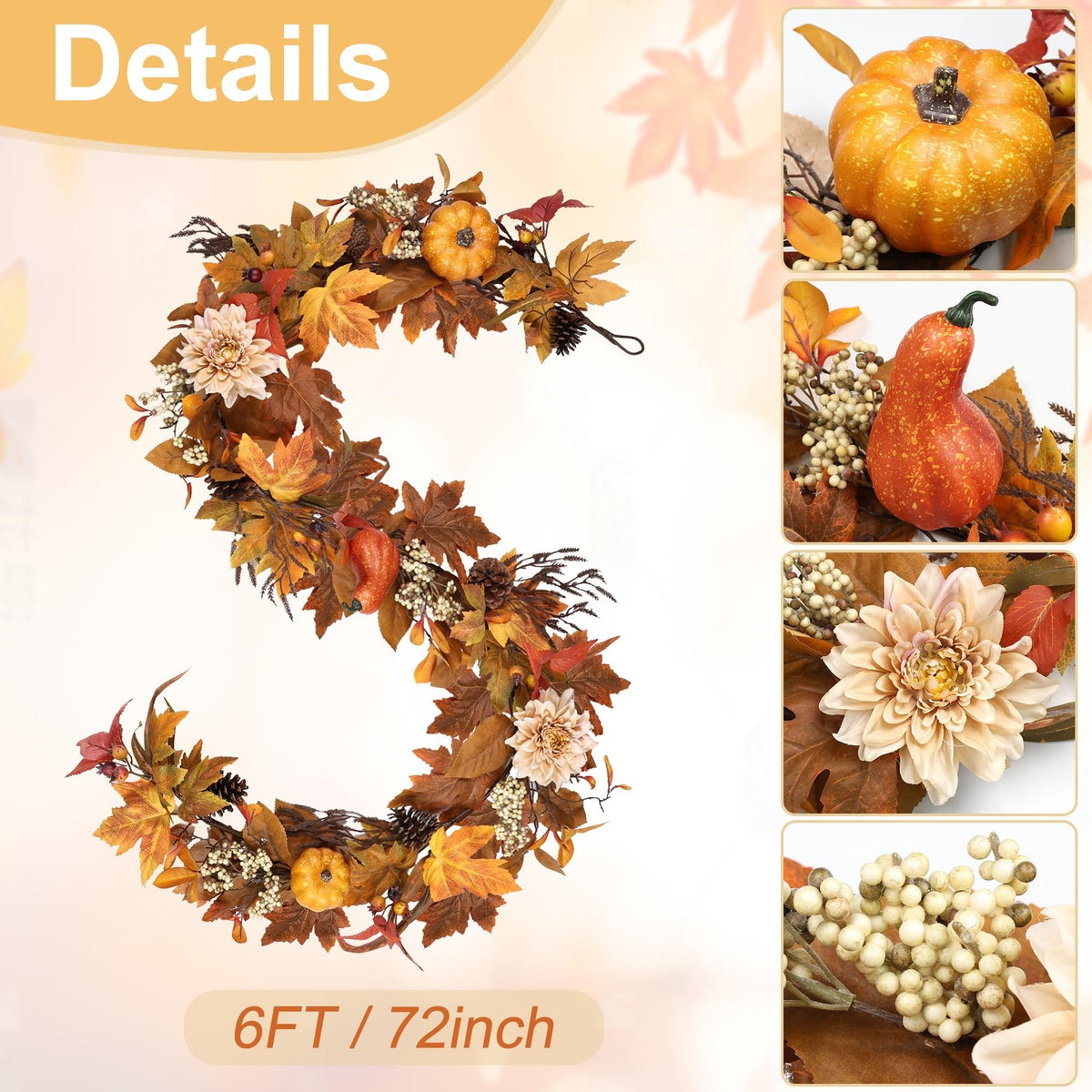 Autumn Maple Leaves Pumpkin Garland with Berries Pine