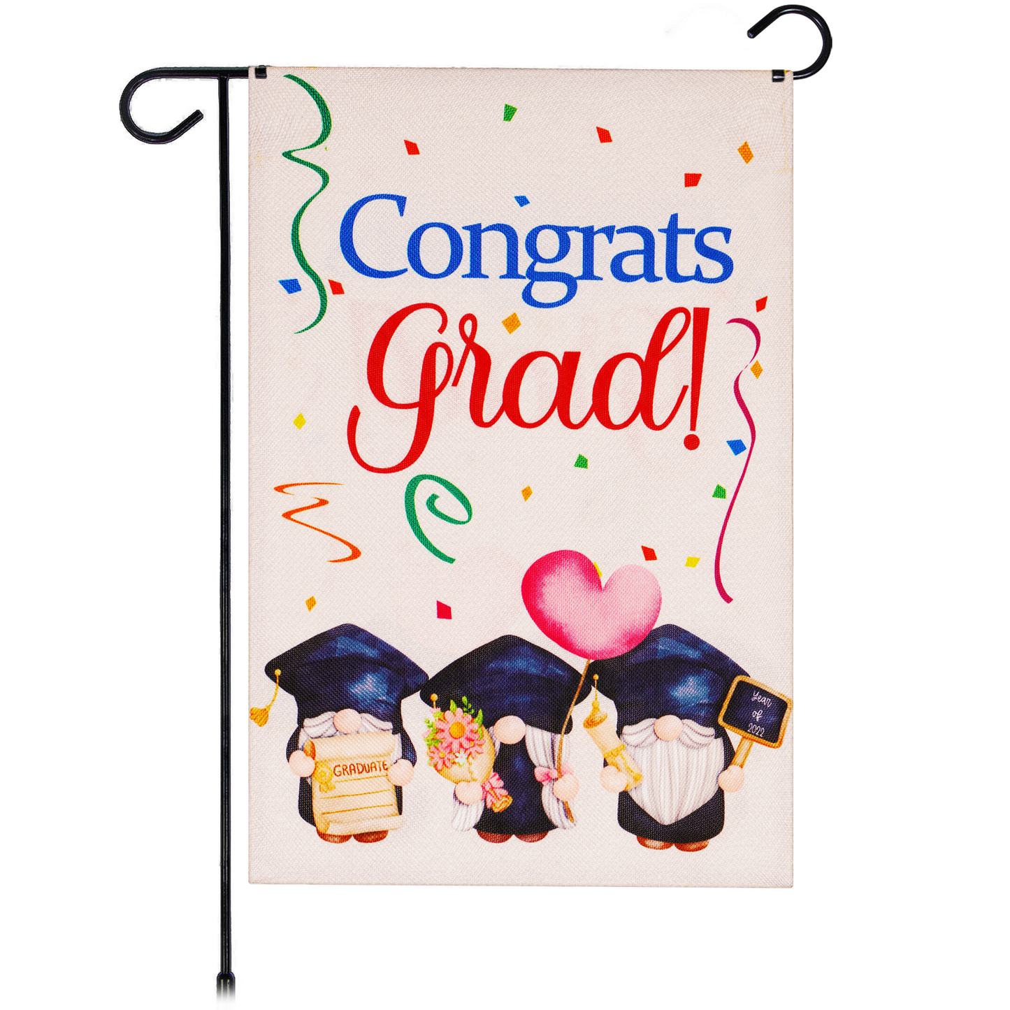 Garden Flag Congrats Grad Three Gnomes Graduating 12"x18" Burlap Fabric