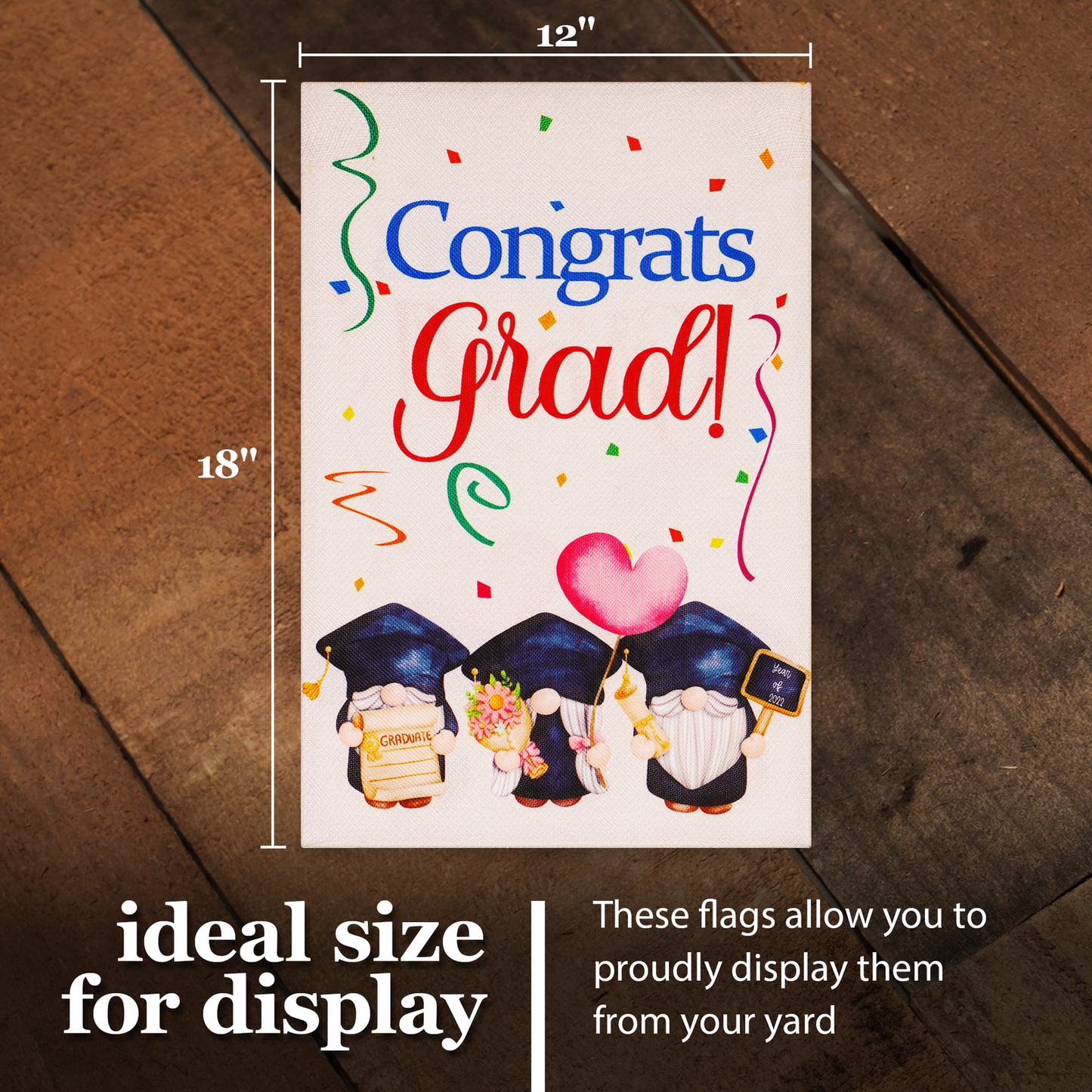 Garden Flag Congrats Grad Three Gnomes Graduating 12"x18" Burlap Fabric