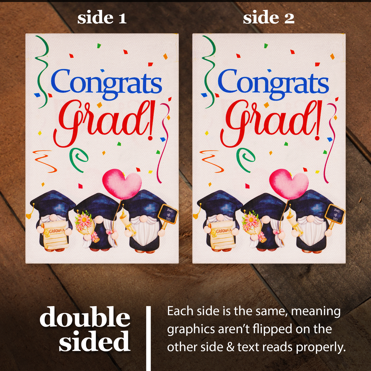 Garden Flag Congrats Grad Three Gnomes Graduating 12"x18" Burlap Fabric