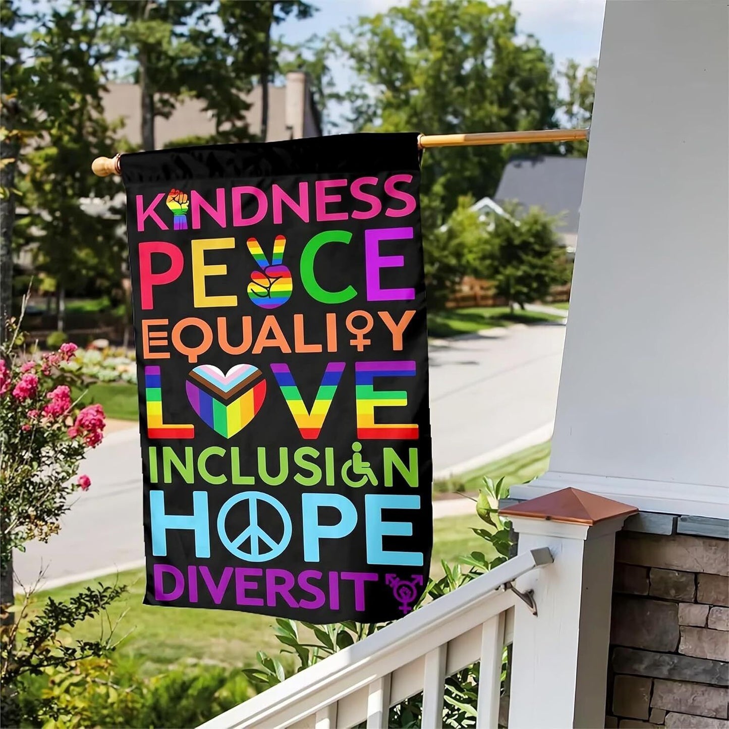 Kindness Peace Equality Love Inclusion Hope Diversity Garden Flag