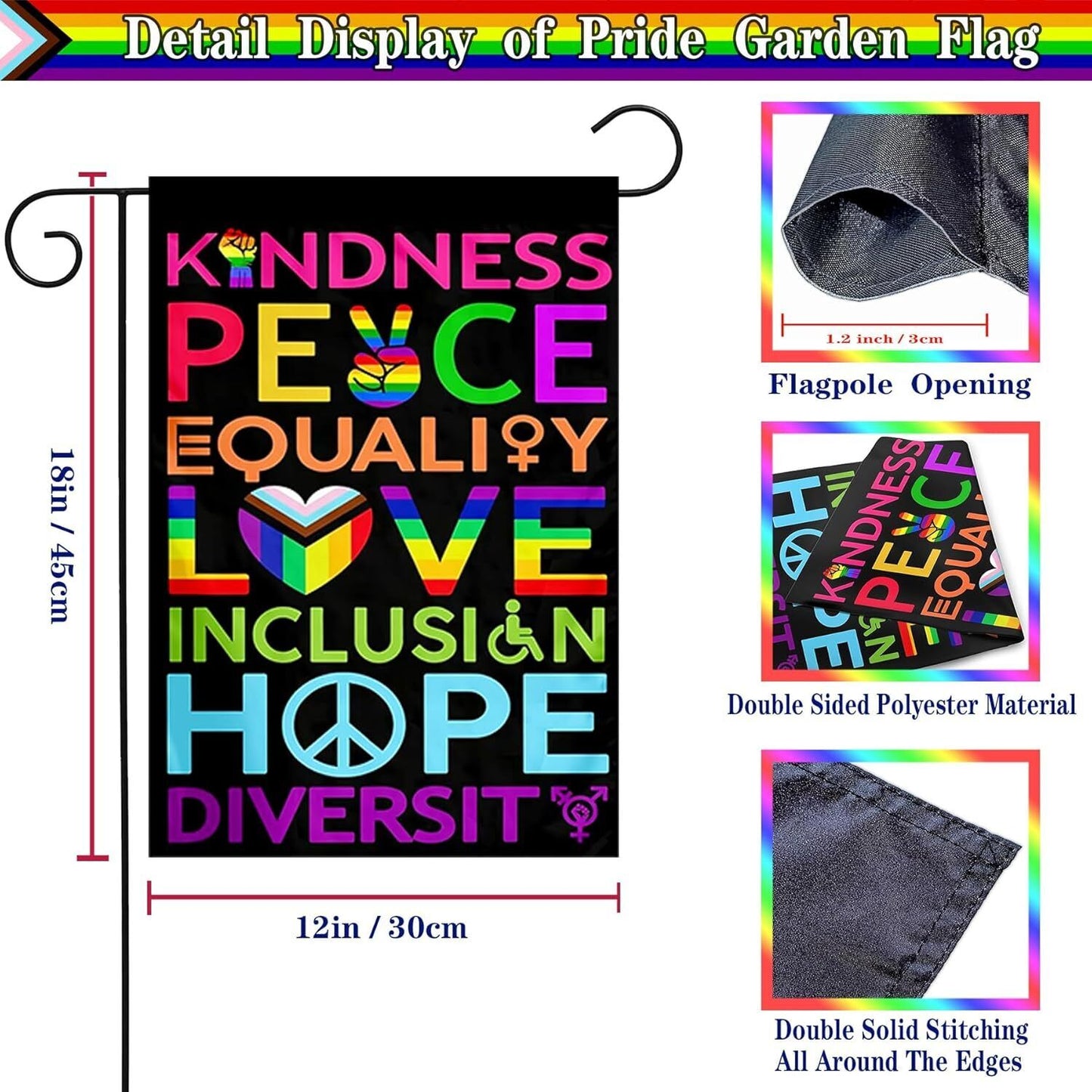 Kindness Peace Equality Love Inclusion Hope Diversity Garden Flag