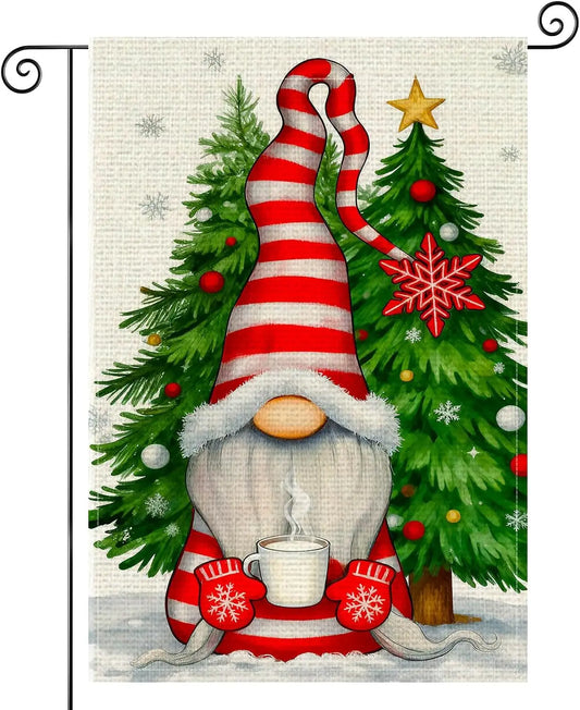 Merry Christmas Garden Flag Double Sided 12x18 Inch Burlap Winter Garden Flag Gnome With Striped Hat Trees Snowflakes