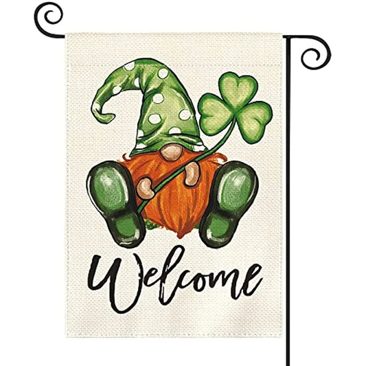 Welcome St Patrick's Day Leprechaun Gnome Shamrock Rustic Garden Flag