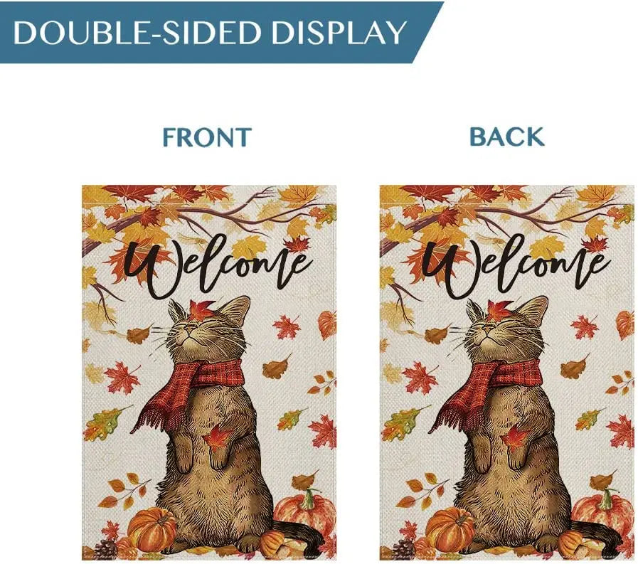 Welcome Cat Fall Maple Leaves Garden Flag