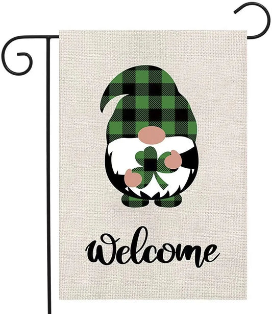 St Patrick's Day Welcome Gnome Shamrock Burlap Garden Flag