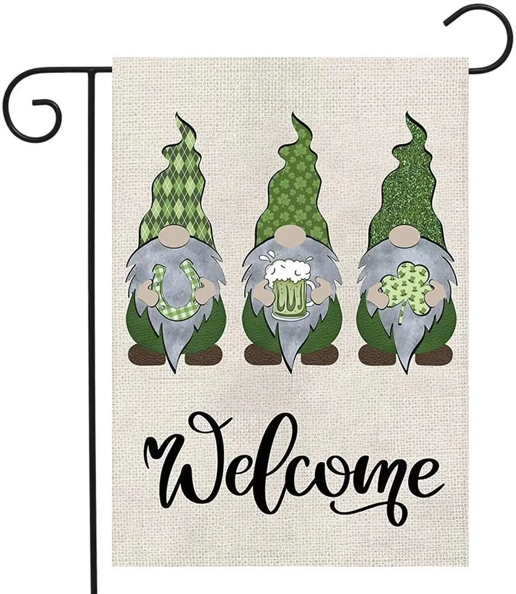 Welcome Green Gnomes Burlap Double Sided Garden Flag