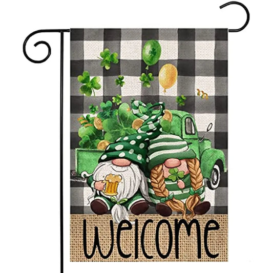 Welcome St Patrick's Day Gnomes with Shamrock Truck Buffalo Plaid House and Garden Burlap Flags